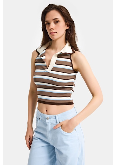 Kadın Mavi Kahve S6-103 Crop Fit Polo Yaka İnce Yazlık Triko Body