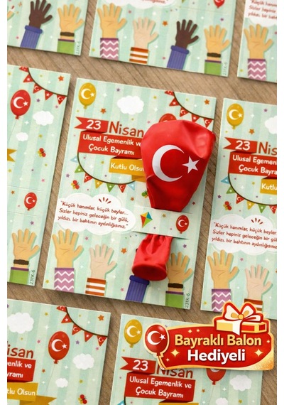 20 Adet Balon ve 23 Nisan Tebrik Kartı 20'li Set Sınıf Hediyelik Türk Bayraklı Balon