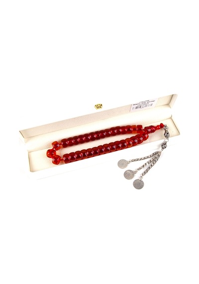 Osmanlı Ateş Kehribar 1900'ler Dönem İşi 925 Ayar Gümüş Püskül Fıçı Kesim 14x8mm Tesbih Kırmızı