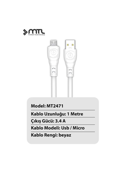3.4a Usb To Micro Ultra Hızlı Extra Yumuşak Dayanıklı Şarj Ve Data Kablosu Mt2471