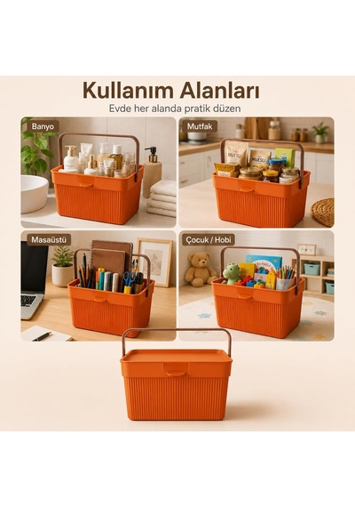 6 Litre Çizgili Çok Amaçlı Düzenleyici Kapaklı Taşıma Kulplu Saklama Kutusu Organizer Turuncu