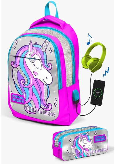 Coral High Kids Pembe Gümüş Simli Unicorn Desenli Usb'li 2'li Okul Çanta Seti Set0223412