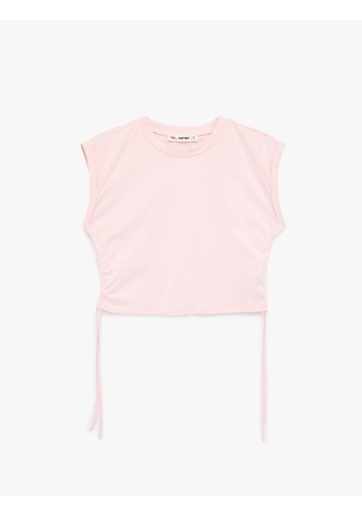 Koton Pamuklu Kolsuz Bisiklet Yaka Büzgülü Crop Bluz Pembe 6sal30016ık Gül