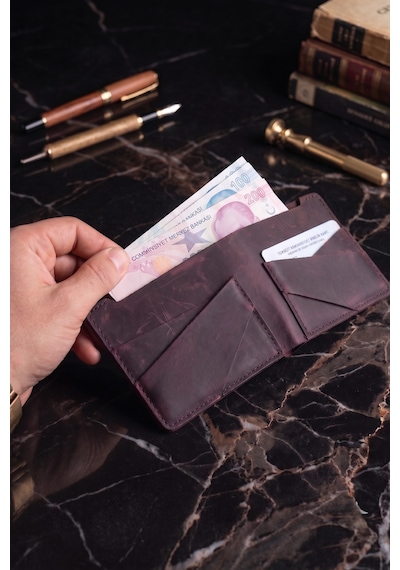 Luvo Hakiki Deri El Yapımı 4 Kart Bölmeli Unisex Minimalist Cüzdan Kartlık İnce Kompakt Kağıt Para Ve Kart Bölmeli Cüzdan Mor