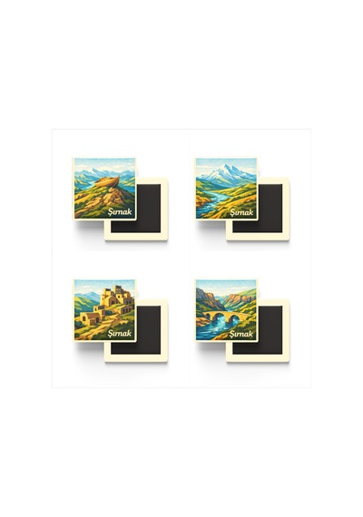 Şırnak - 4'lü Memleket Seti - Baskılı Buzdolap Magneti Kare - 9x9 Cm - 4 Adet
