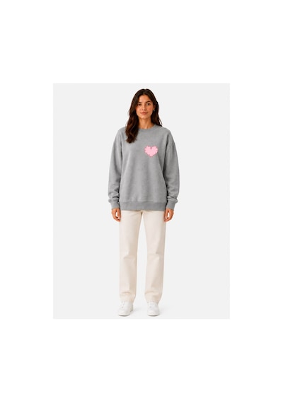 Herkesemoda Minimal Kalp Baskı Detaylı Şardonlu 2 İplik Bisiklet Yaka Sweatshirt Gri