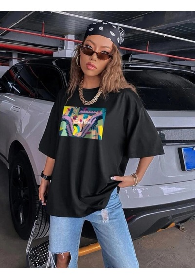 Startmore Kadın Siyah Oversize %100 Pamuk Endless Baskılı T-shirt Siyah