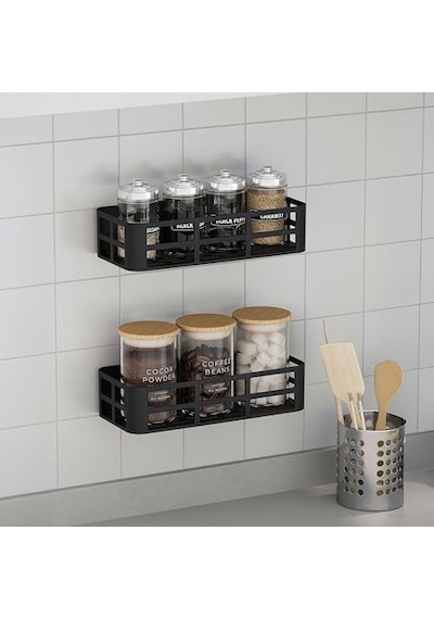 2&apos Li Set Siyah Yapışkanlı Banyo Duş Rafı - 27x12 Cm Matkapsız Montaj Şampuanlık Ve Mutfak Baharatlık Organizeri