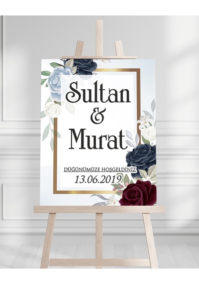 Söz Nişan Düğün İçin 50x70 Karşılama Panosu - Renkli Çiçek Tasarımlı 07 Beyaz