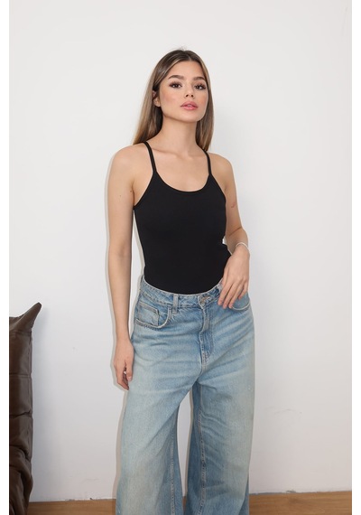 Jee Lee Kadın Askılı Kaplı Çıtçıtlı Body Siyah - 5070