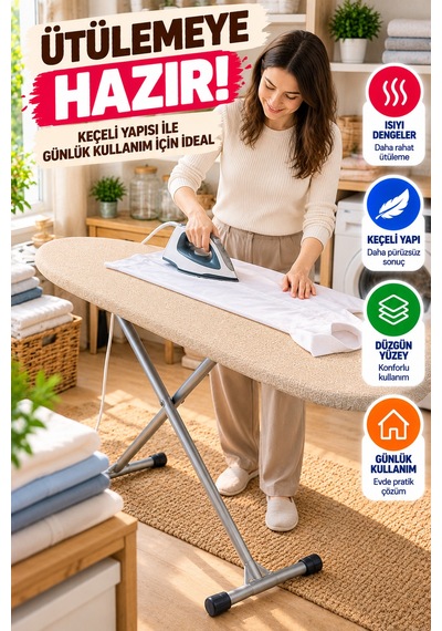 Bej Ütü Masası Kılıfı 50x130 Cm Keçeli Bağcıklı Ütü Bezi Örtüsü Pratik Kullanım Yedek Kılıf Gri Renk