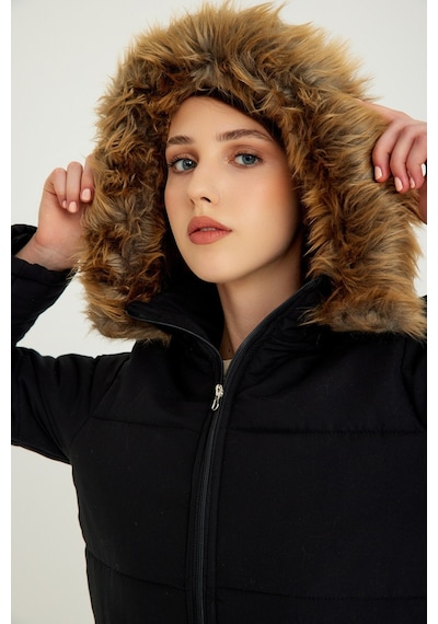 Barbora Kışlık Kürk Yaka Şişme Kadın Mont 7112siyah55 001