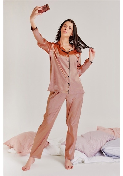 Magic Form Önden Düğmeli Saten Pijama Takım Kiremit - 510699980 Kiremit