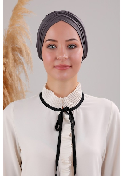 Melodi Scarf Kadın Üç Bantlı Çapraz Hazır Türban Havuz Deniz Dış Bone Antrasit Koyu Gri Antrasit