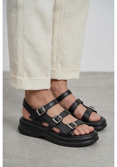 Giamgia Store Kadın Siyah Kalın Taban 3 Bantlı Tokalı Rahat Günlük Sandalet-2351
