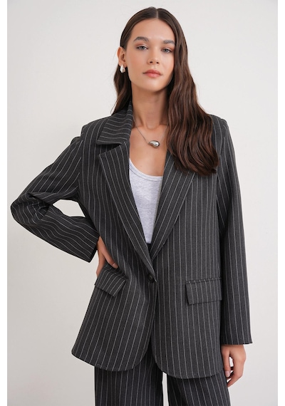 Mixray 4753 Kadın Çizgili Oversize Blazer Ceket Antrasit
