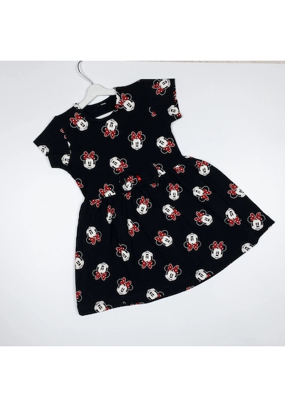 Momikon Minnie Mouse Desenli Fiyonk Detaylı Pamuklu Kız Çocuk Elbise Siyah