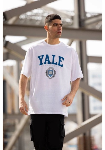 Erkek Kısa Kol Yazlık Tişört Bisiklet Yaka Yale Baskılı T-shirt - Beyaz