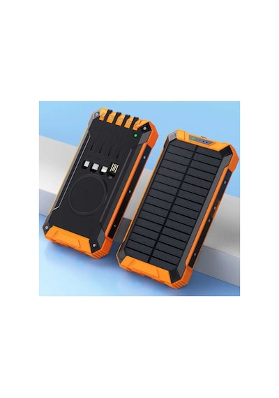 20000mah Powerbank Solar Güneş Enerjili Wireless Kablosuz Şarj Özellikli Taşınabilir Şarj Led Işıklı Turuncu