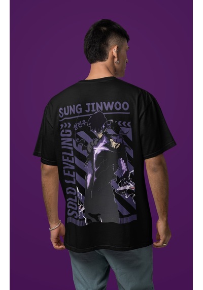 Solo Leveling Sung Jin Woo Sırt Baskılı Unisex Oversize Anime Tiş Siyah
