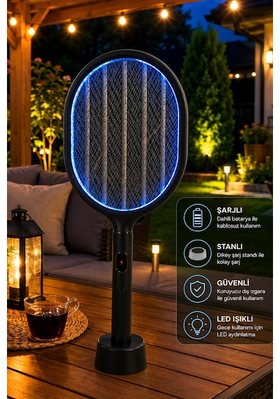 Glr Ltd-718 Siyah Elektrikli Sinek Raketi 1200mah Bataryalı, Type-c Şarjlı, Dijital Ekranlı Sinek Ö