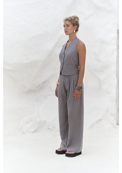 Mai Collection Mai Studios Co. Dena Sırt Dekolteli Antrasit Keten Yelek Pantolon Takım Antrasit