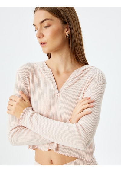 Koton Yumuşak Dokulu Kapüşonlu Örme Crop Pijama Üstü Pembe 5wlk40168mk Gül Gülkurusu