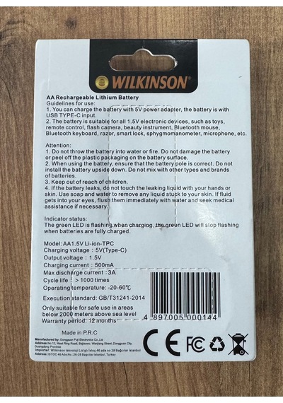 Şarjlı Kalem Pil 1.5v Aa Şarj Edilebilir Lityum Pil 4255mwh Usb-c Girişli, 2 Li Paket Şarj Kablolu