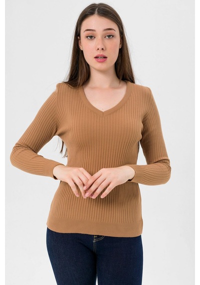 Miss Poem Kadın V Yaka Slim Fit Fitilli Uzun Kışlık Camel Triko Kazak Camel