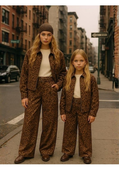 Zekids Kız Çocuk Leopar Desenli Süet Geniş Paça Tasarım Pantolon-16291 Kahverengi