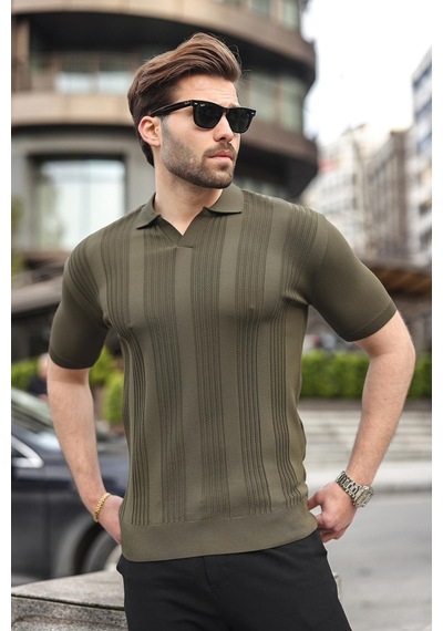 Madmext Haki Polo Yaka Triko Erkek Tişört E7469 Haki