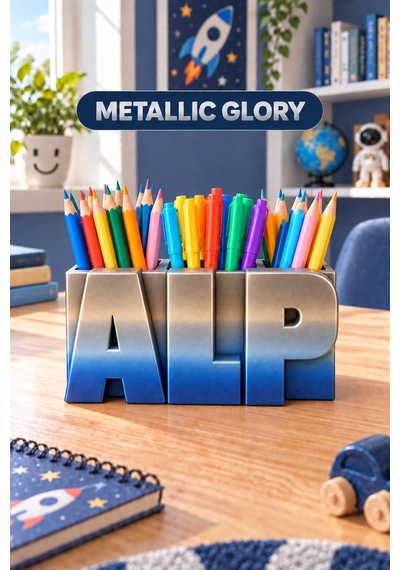 Kişiye Özel İsimli Kalemlik, 3 Bölmeli Çocuk Odası Masaüstü Organizeri İsme Özel Hediye Metallic Glory
