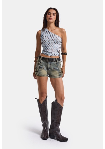 Kadın Kot Renk Süper Mini Özel Tasarım Denim Şort Mavi