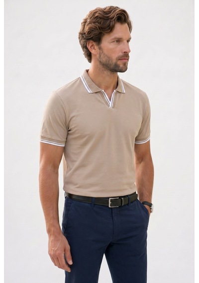 Tudors Erkek Slim Fit Dar Kesim %100 Pamuklu Çizgili Detaylı V Yaka Taş Polo Yaka Tişört-51597