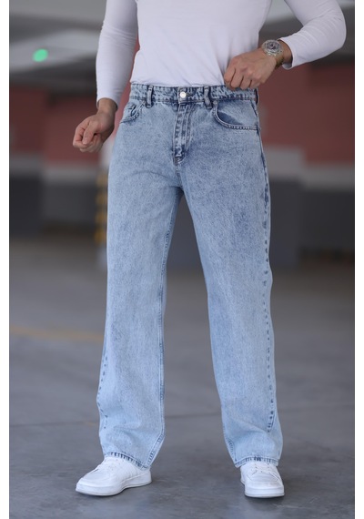 Felvıno Erkek Yıkamalı Baggy Bol Kesim Kot Pantolon Buz Mavisi