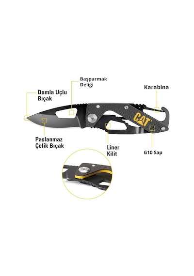 Cat Da980266 Kemer Askı Kancalı Karabinalı Katlanabilir 13cm Paslanmaz Çelik Siyah Kamp Çakısı