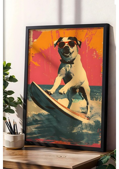 Sörf Yapan Köpek Çerçeveli Tablo - Pop Art Poster Tablo