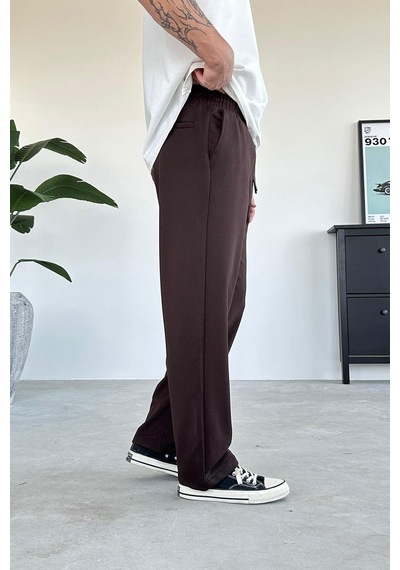 Kahverengi Beli Lastik Detay Gabardin Baggy Pantolon Kahverengi
