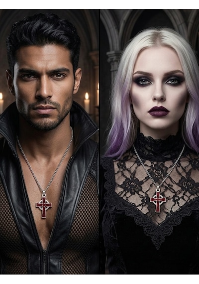 Unisex Gotik Haç Kolye Kırmızı Gri Gümüş Vintage Cross Kolye, Retro Zincir Kolye, Kadın Erkek Punk Kolye