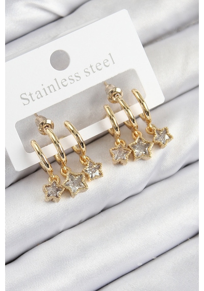 Pirinç Zirkon Taşlı Sallantılı Yıldız Model Gold Renk Kadın Küpe Diğer