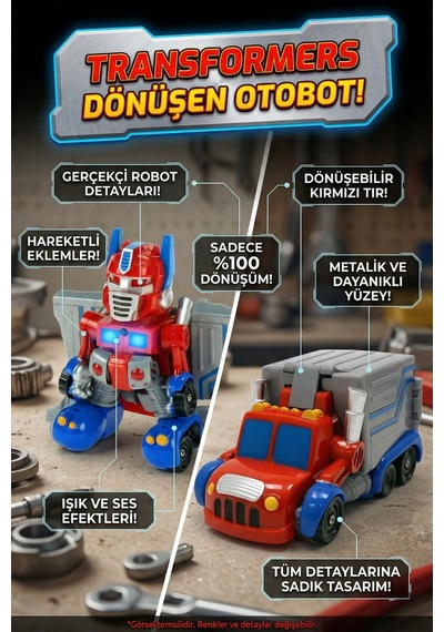Kırmızı Işıklı Sesli Dönüşebilen Robot Kamyon - Otobot Transformers Oyuncak Çok Renkli