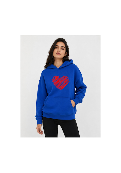 Herkesemoda Kırmızı Kalp Baskılı Kapüşonlu 2 İplik Şardonlu Sweatshirt Mavi