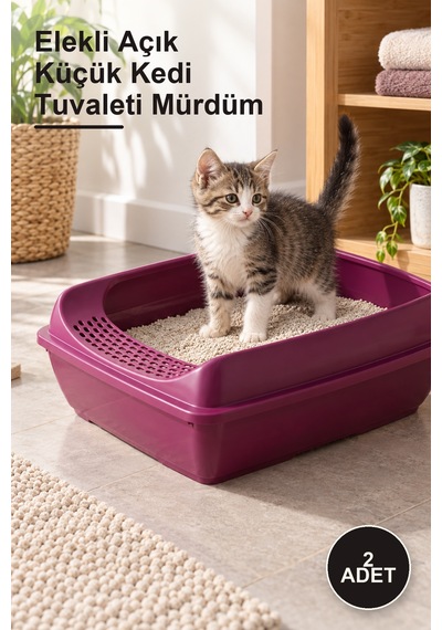 2 Adet Elekli Açık Küçük Kedi Tuvaleti Mürdüm