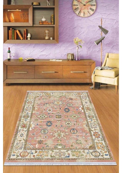 Pembe Çerçeveli Dokuma Pamuk Taban Kaymaz Kilim Klm037n11
