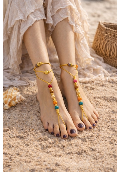 Bohem Barefoot Sandal Renkli Ahşap Boncuklu Çift Halhal Çok Renkli