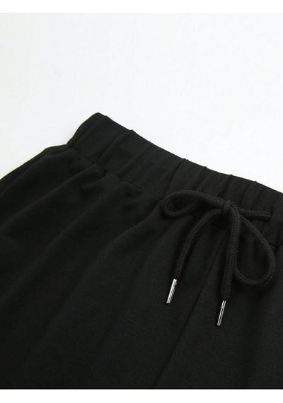 Letter Graphic Drawstring Waist Track Şort Siyah