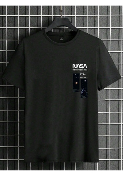 Siyah Oversize Nasa Baskılı T-shirt - Oversize Baskılı Siyah