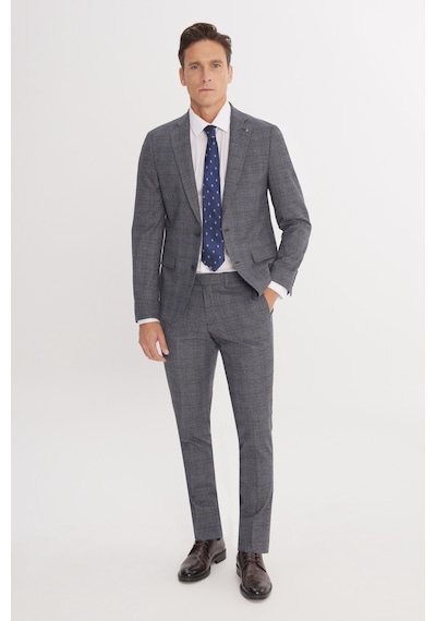 AC&Co / Altınyıldız Classics Erkek Grı Mavı Ekstra Slim Fit Dar Kesim Mono Yaka Kareli Kapak Cepli Takım Elbise Grı Mavı