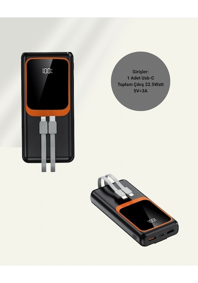 Hubrendy Tekno 20.000 Mah Taşınabilir Şarj Cihazı Dijital Göstergeli Kablolu Powerbank Diğer