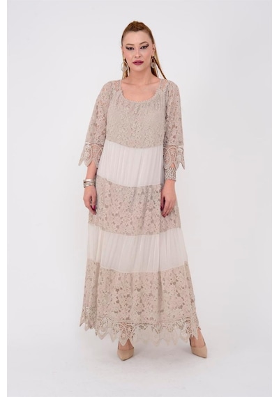 Eren Style İtalyan Sunshine İpek Detaylı Dantelli Elbise-9033 KREm Krem